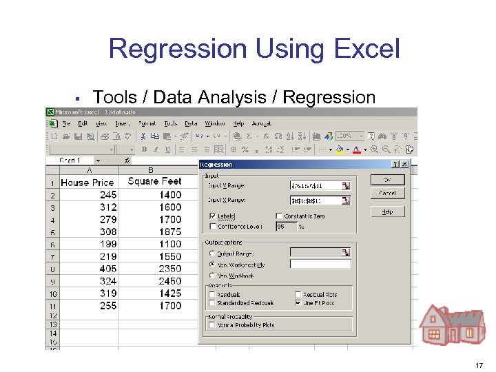 Regression Using Excel § Tools / Data Analysis / Regression 17 