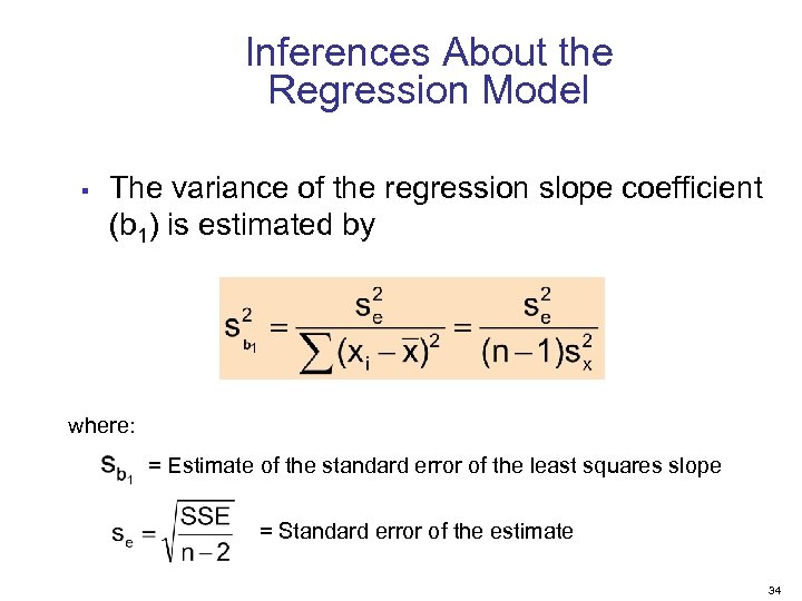 Inferences About the Regression Model § The variance of the regression slope coefficient (b
