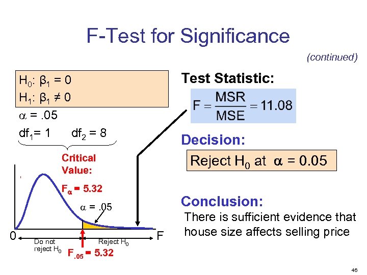 F-Test for Significance (continued) Test Statistic: H 0: β 1 = 0 H 1: