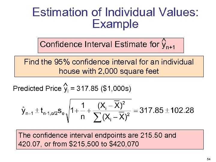 Estimation of Individual Values: Example Confidence Interval Estimate for yn+1 Find the 95% confidence