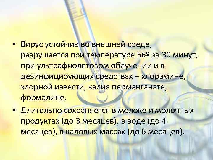  • Вирус устойчив во внешней среде, разрушается при температуре 56º за 30 минут,