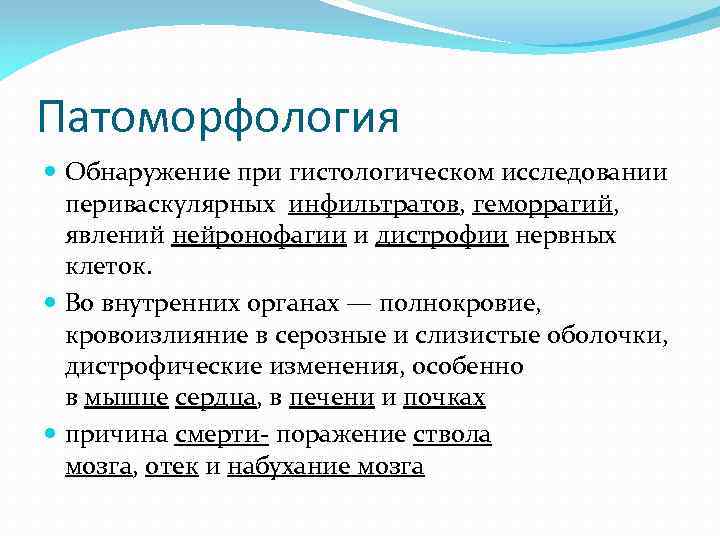 Патоморфология Обнаружение при гистологическом исследовании периваскулярных инфильтратов, геморрагий, явлений нейронофагии и дистрофии нервных клеток.