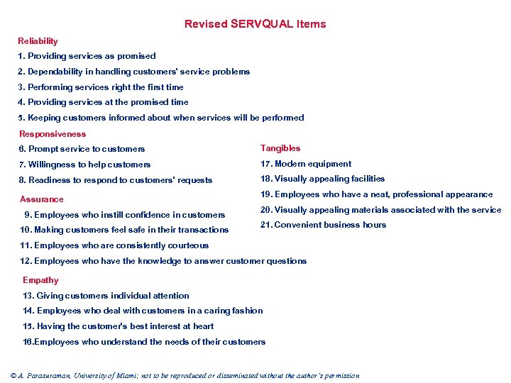 Revised SERVQUAL Items Reliability 1. Providing services as promised 2. Dependability in handling customers'