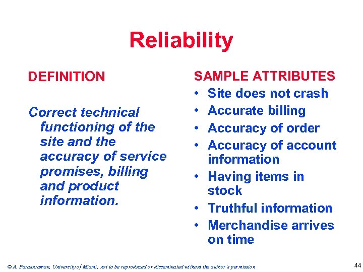 Reliability DEFINITION Correct technical functioning of the site and the accuracy of service promises,
