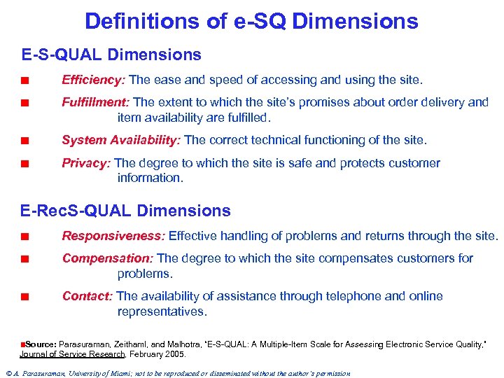 Definitions of e-SQ Dimensions E-S-QUAL Dimensions Efficiency: The ease and speed of accessing and