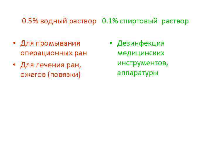 0. 5% водный раствор 0. 1% спиртовый раствор • Для промывания операционных ран •