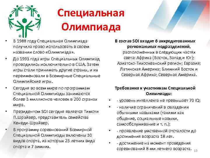 Специальная Олимпиада • • • В 1988 году Специальная Олимпиада получила право использовать в