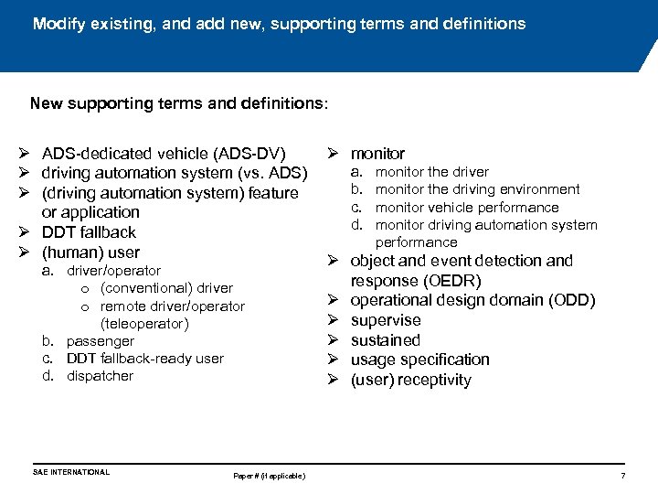 Modify existing, and add new, supporting terms and definitions New supporting terms and definitions: