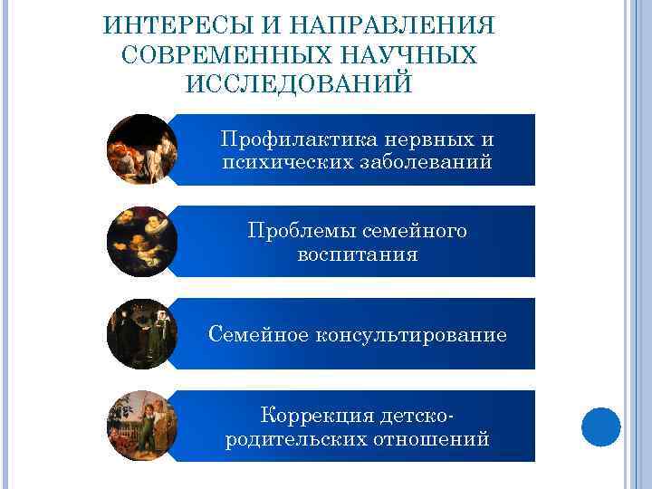 ИНТЕРЕСЫ И НАПРАВЛЕНИЯ СОВРЕМЕННЫХ НАУЧНЫХ ИССЛЕДОВАНИЙ Профилактика нервных и психических заболеваний Проблемы семейного воспитания