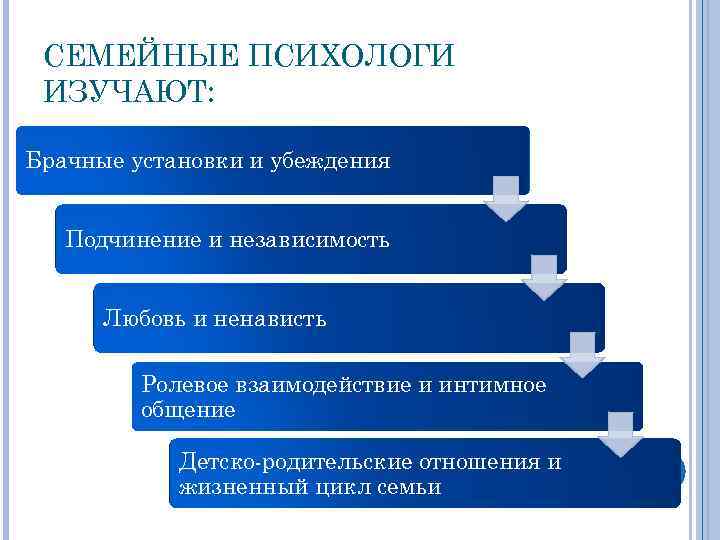 СЕМЕЙНЫЕ ПСИХОЛОГИ ИЗУЧАЮТ: Брачные установки и убеждения Подчинение и независимость Любовь и ненависть Ролевое