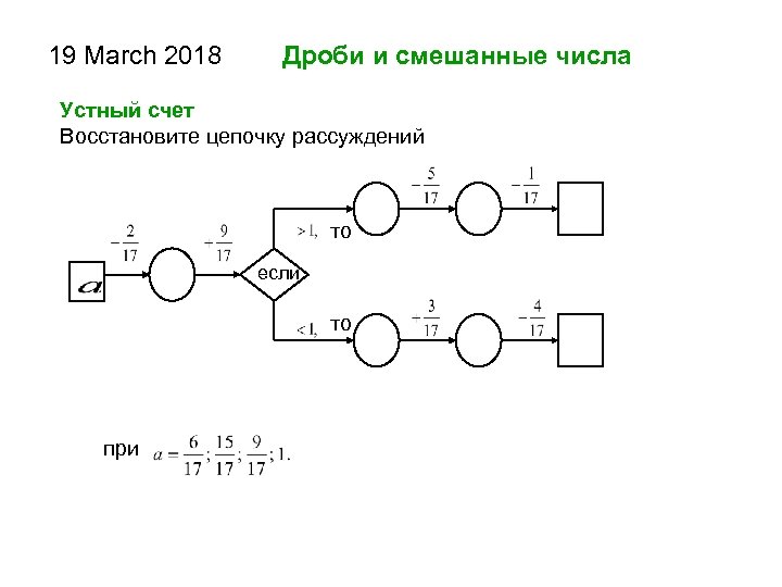 19 March 2018 Дроби и смешанные числа Устный счет Восстановите цепочку рассуждений то если