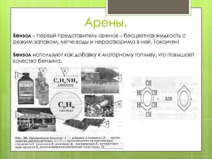 Арены. Бензол – первый представитель аренов – бесцветная жидкость с резким запахом, легче воды