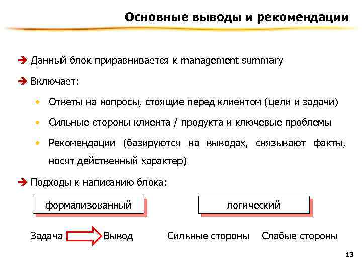 Основные выводы и рекомендации è Данный блок приравнивается к management summary è Включает: •