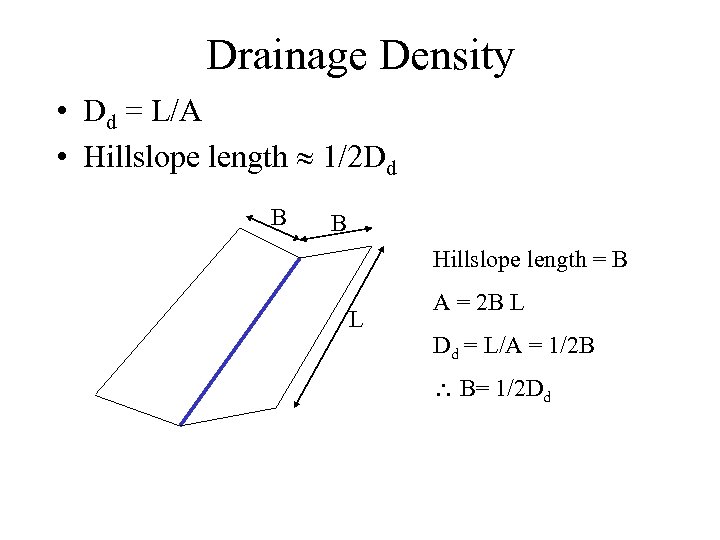 Drainage Density • Dd = L/A • Hillslope length 1/2 Dd B B Hillslope
