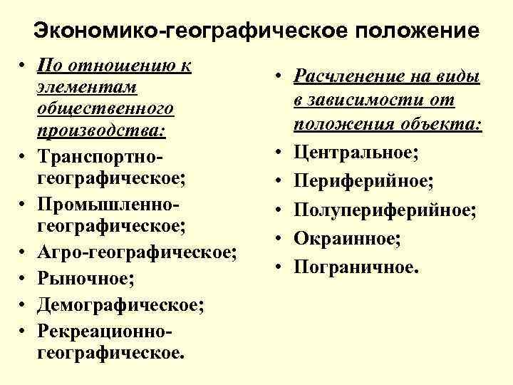 Экономико-географическое положение • По отношению к элементам общественного производства: • Транспортногеографическое; • Промышленногеографическое; •