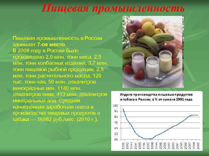 Пищевая промышленность в России занимает 7 -ое место. В 2008 году в России было