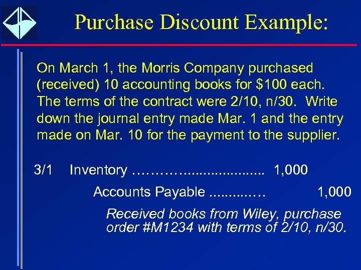 Purchase Discount Example: On March 1, the Morris Company purchased (received) 10 accounting books