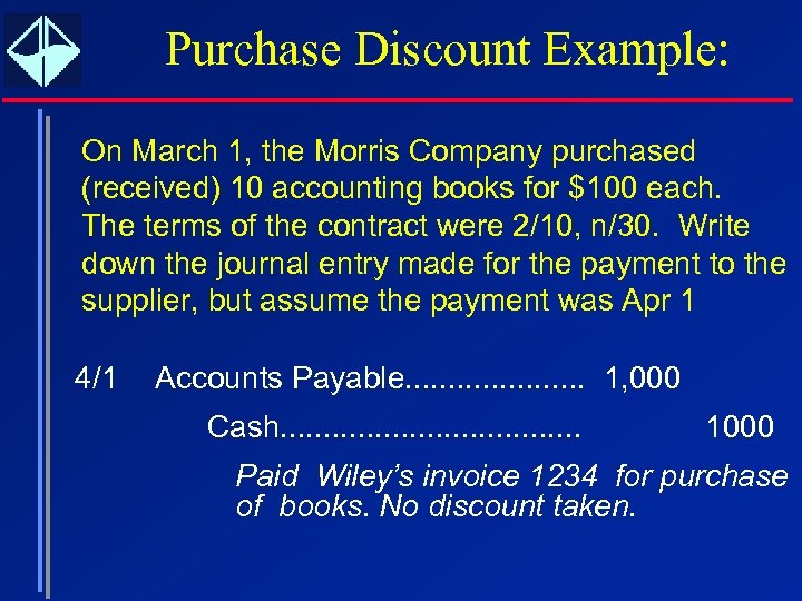 Purchase Discount Example: On March 1, the Morris Company purchased (received) 10 accounting books
