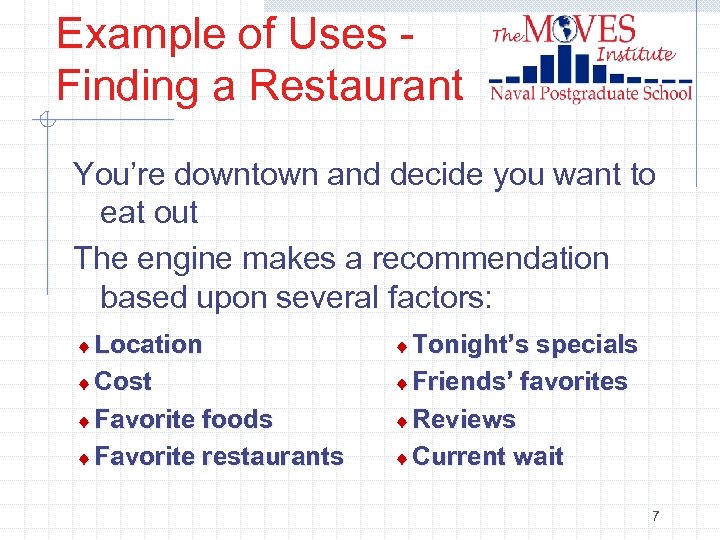 Example of Uses Finding a Restaurant You’re downtown and decide you want to eat