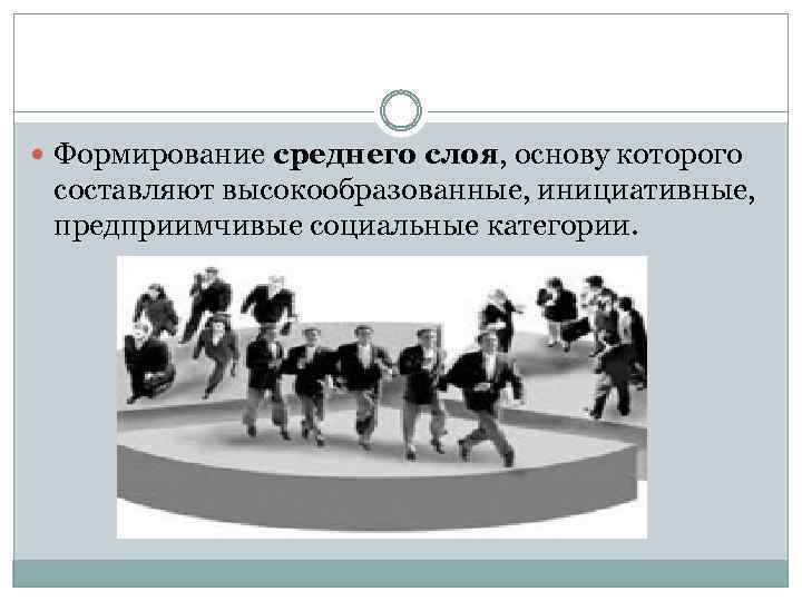  Формирование среднего слоя, основу которого составляют высокообразованные, инициативные, предприимчивые социальные категории. 