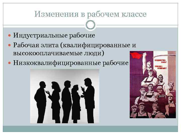 Изменения в рабочем классе Индустриальные рабочие Рабочая элита (квалифицированные и высокооплачиваемые люди) Низкоквалифицированные рабочие