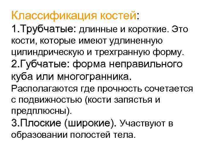 Классификация костей: 1. Трубчатые: длинные и короткие. Это 1. Трубчатые кости, которые имеют удлиненную