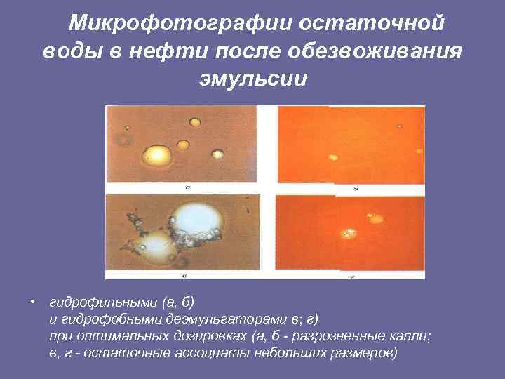 Микрофотографии остаточной воды в нефти после обезвоживания эмульсии • гидрофильными (а, б) и гидрофобными