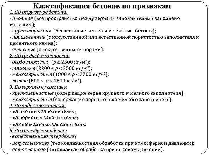 Классификация бетонов по признакам 1. По структуре бетона: - плотная (все пространство между зернами