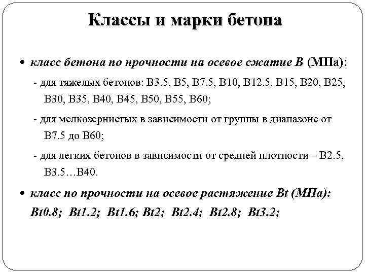 Классы и марки бетона класс бетона по прочности на осевое сжатие В (МПа): -