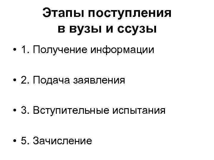 Этапы поступления в вузы и ссузы • 1. Получение информации • 2. Подача заявления