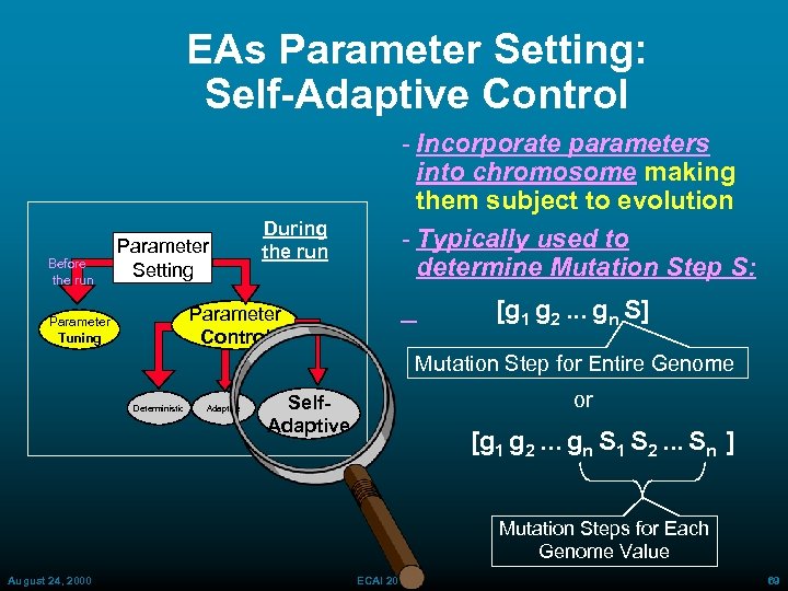 EAs Parameter Setting: Self-Adaptive Control Before the run Parameter Setting During the run Incorporate