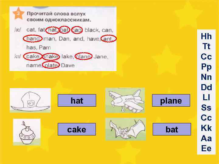 hat plane cake bat Hh Tt Cc Pp Nn Dd Ll Ss Cc Kk