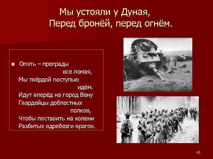 Мы устояли у Дуная, Перед бронёй, перед огнём. n Опять – преграды все ломая,