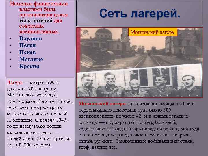 Немецко-фашистскими властями была организована целая сеть лагерей для советских военнопленных. • Ваулино • Пески
