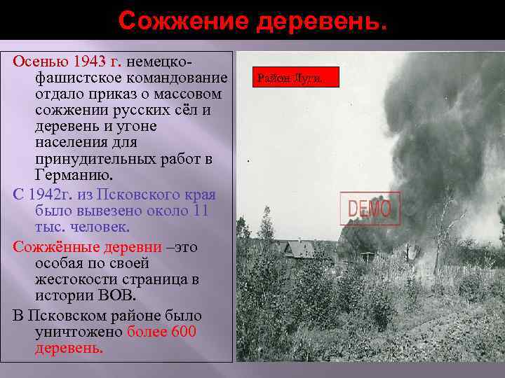 Сожжение деревень. Осенью 1943 г. немецкофашистское командование отдало приказ о массовом сожжении русских сёл