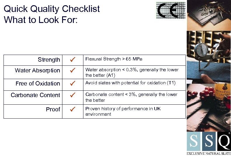 Quick Quality Checklist What to Look For: Flexural Strength > 65 MPa Water Absorption