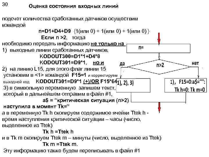 30 Оценка состояния входных линий подсчет количества сработанных датчиков осуществим командой n=D 1+D 4+D