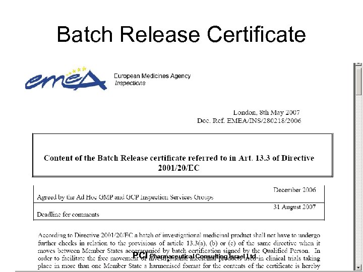 Batch Release Certificate PCI Pharmaceutical Consulting Israel Ltd. 