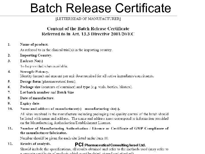 Batch Release Certificate PCI Pharmaceutical Consulting Israel Ltd. 