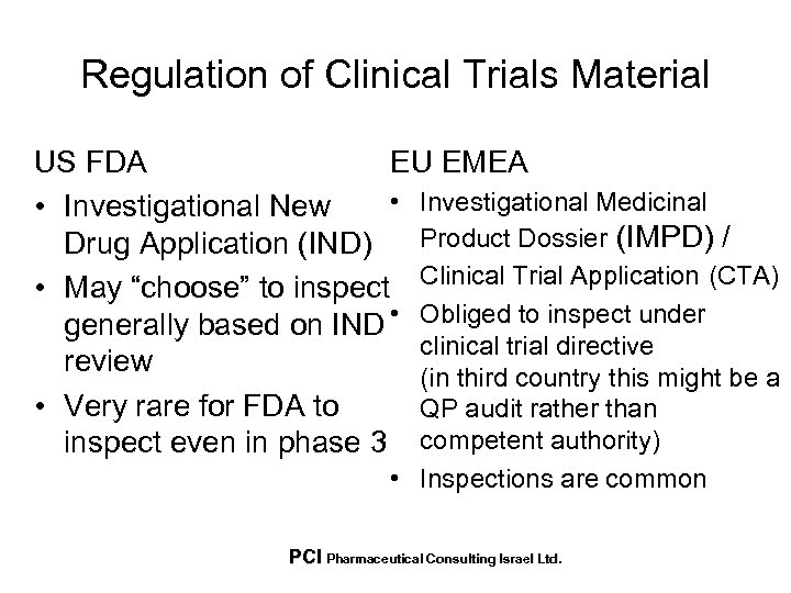 Regulation of Clinical Trials Material US FDA EU EMEA • Investigational Medicinal • Investigational