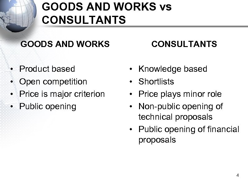 GOODS AND WORKS vs CONSULTANTS GOODS AND WORKS • • Product based Open competition