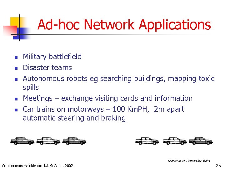 Ad-hoc Network Applications n n n Military battlefield Disaster teams Autonomous robots eg searching