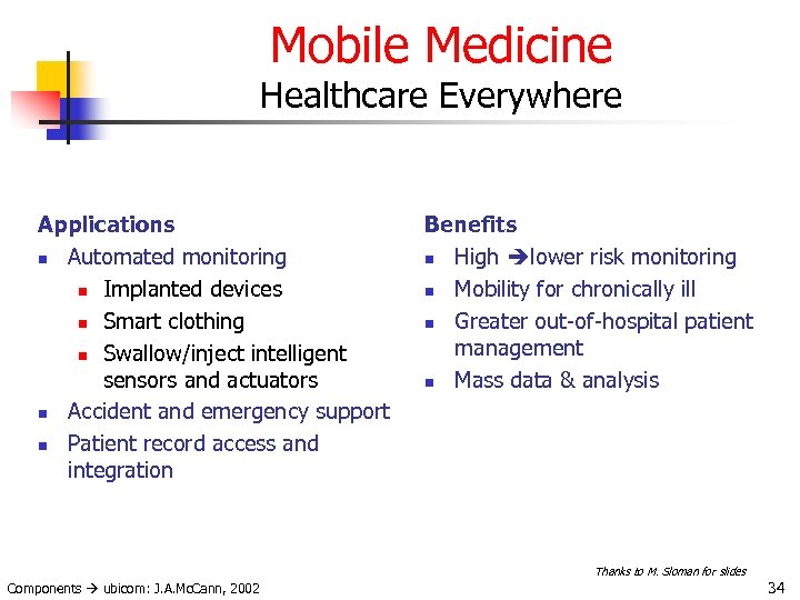 Mobile Medicine Healthcare Everywhere Applications n Automated monitoring n Implanted devices n Smart clothing