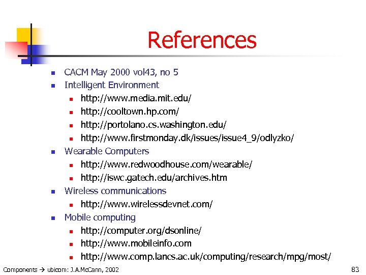 References n n n CACM May 2000 vol 43, no 5 Intelligent Environment n