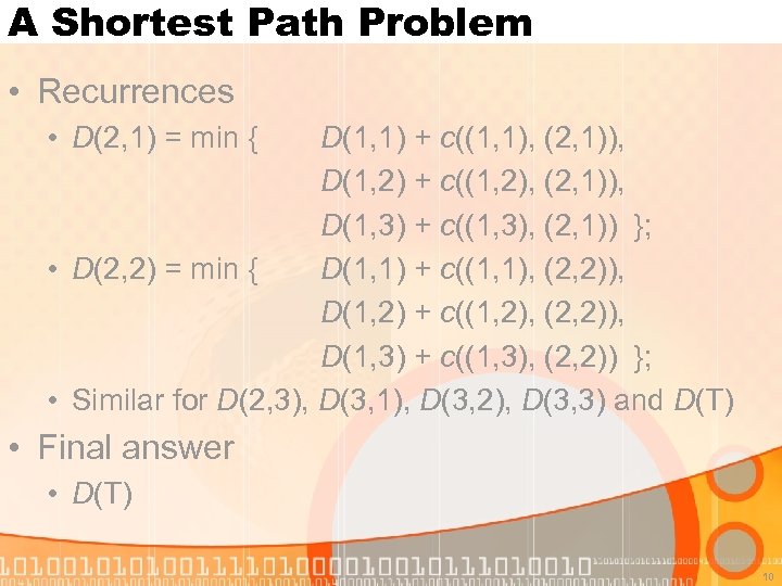 A Shortest Path Problem • Recurrences • D(2, 1) = min { D(1, 1)