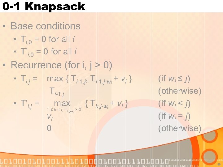 0 -1 Knapsack • Base conditions • Ti, 0 = 0 for all i