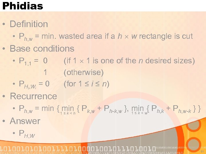 Phidias • Definition • Ph, w = min. wasted area if a h w