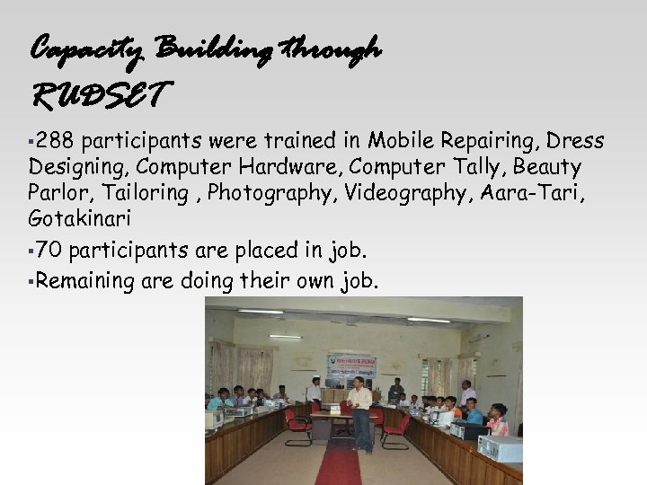 Capacity Building through RUDSET § 288 participants were trained in Mobile Repairing, Dress Designing,