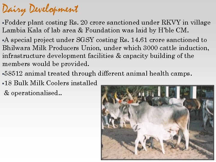 Dairy Development §Fodder plant costing Rs. 20 crore sanctioned under RKVY in village Lambia