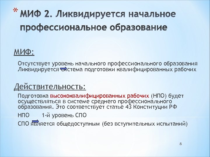 * МИФ: Отсутствует уровень начального профессионального образования Ликвидируется система подготовки квалифицированных рабочих Действительность: Подготовка